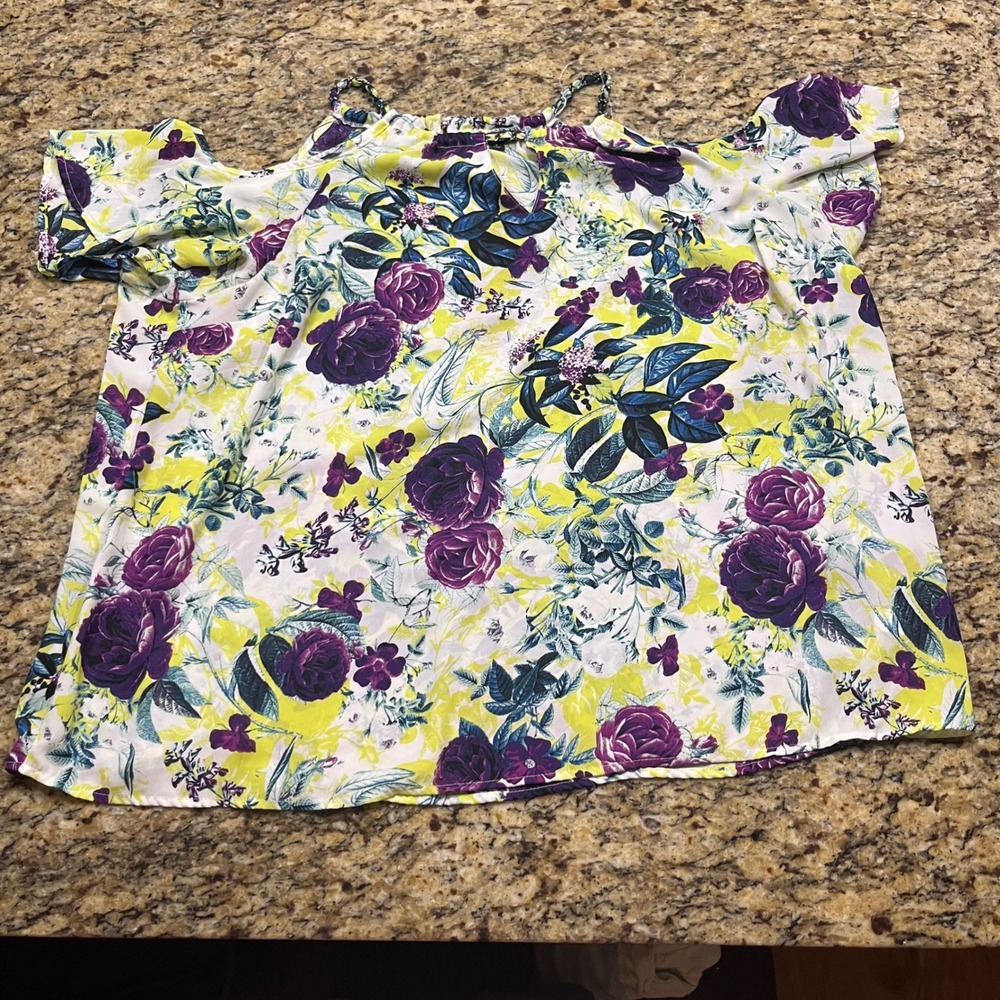 Torrid Womens Plus Size 3 Purple Lime Green Floral Cold Shoulder‎ Keyhole Blouse